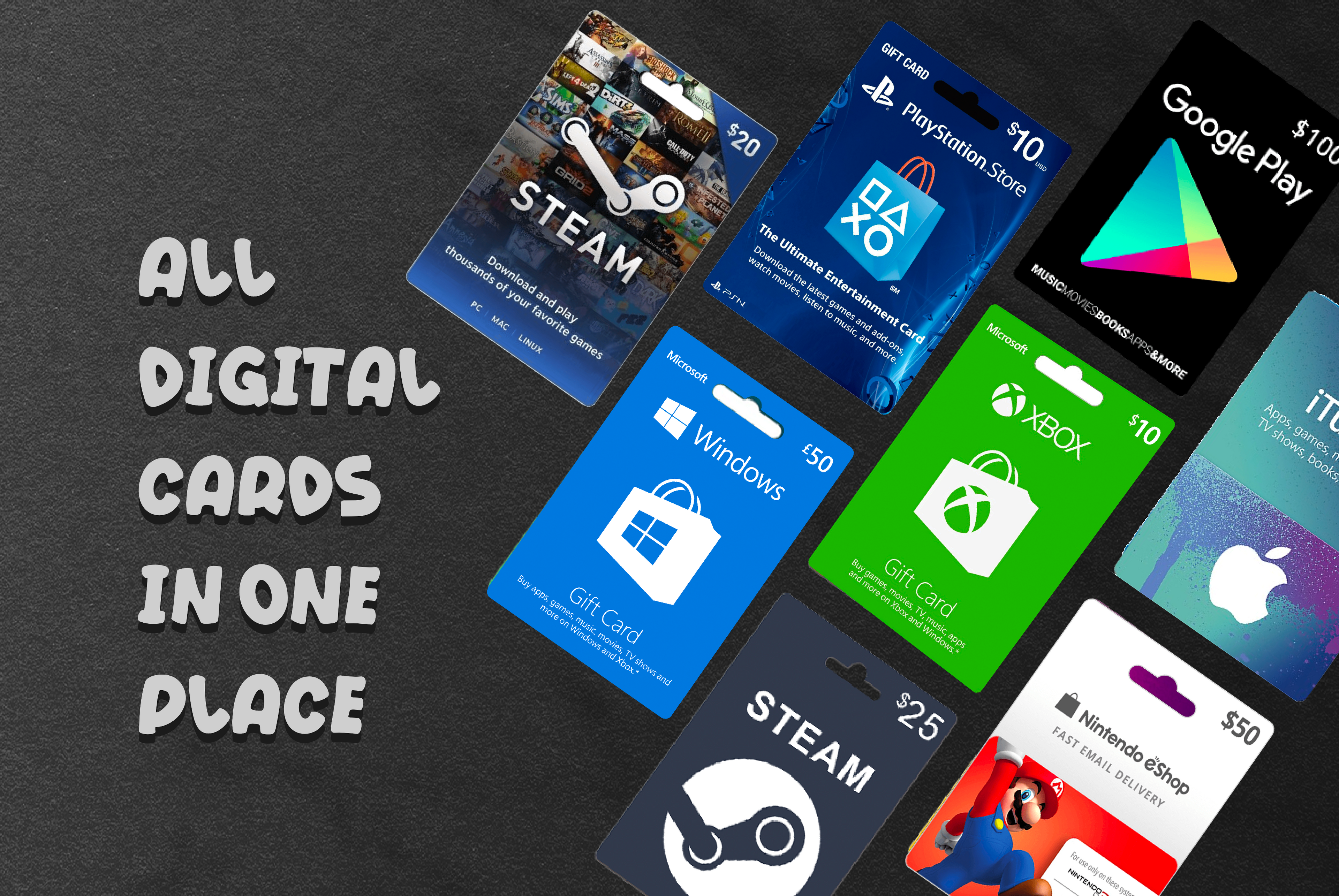 Collection of digital gift cards from various platforms on a dark background